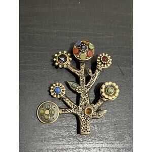 VINTAGE MICHAL GOLAN SIGNED MULTI COLOR STONE TREE OF LIFE BROOCH 2.75”